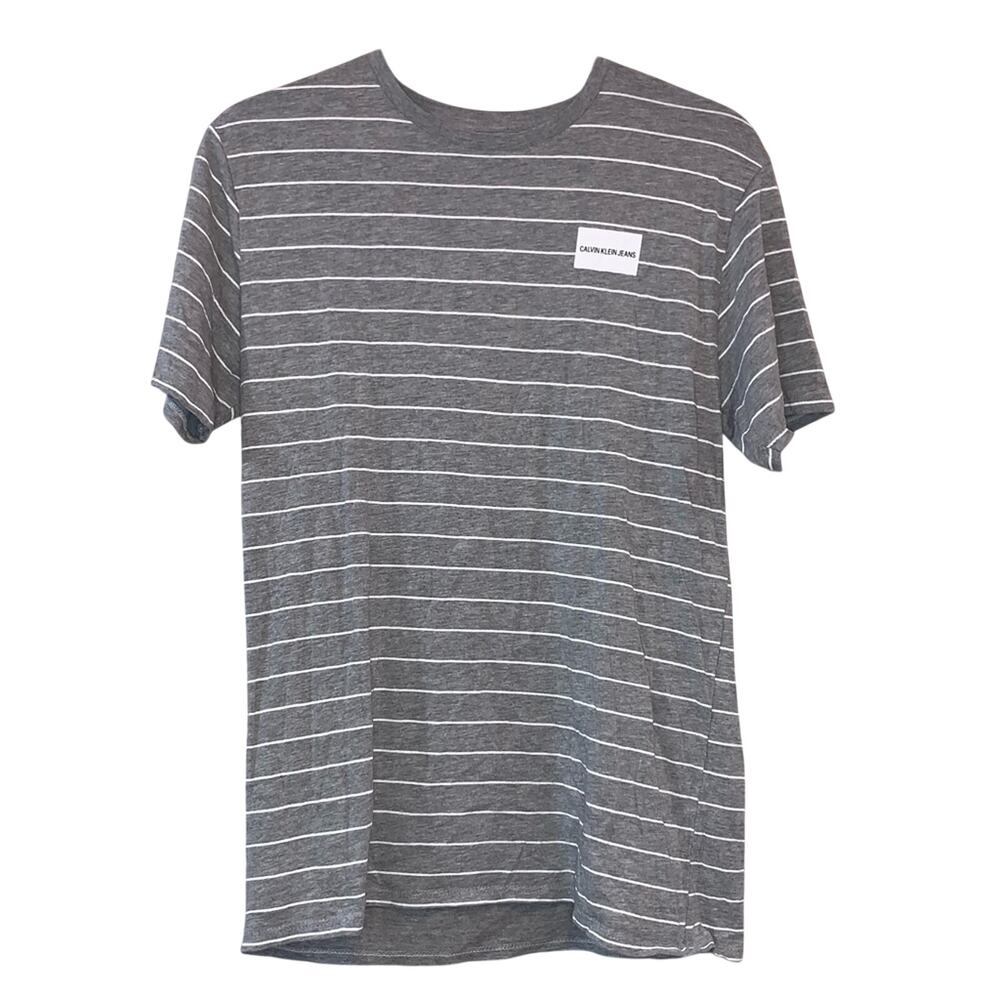 Calvin Klein Jeans Striped T-Shirt XL Gray White Minimalist Logo Casual Tee